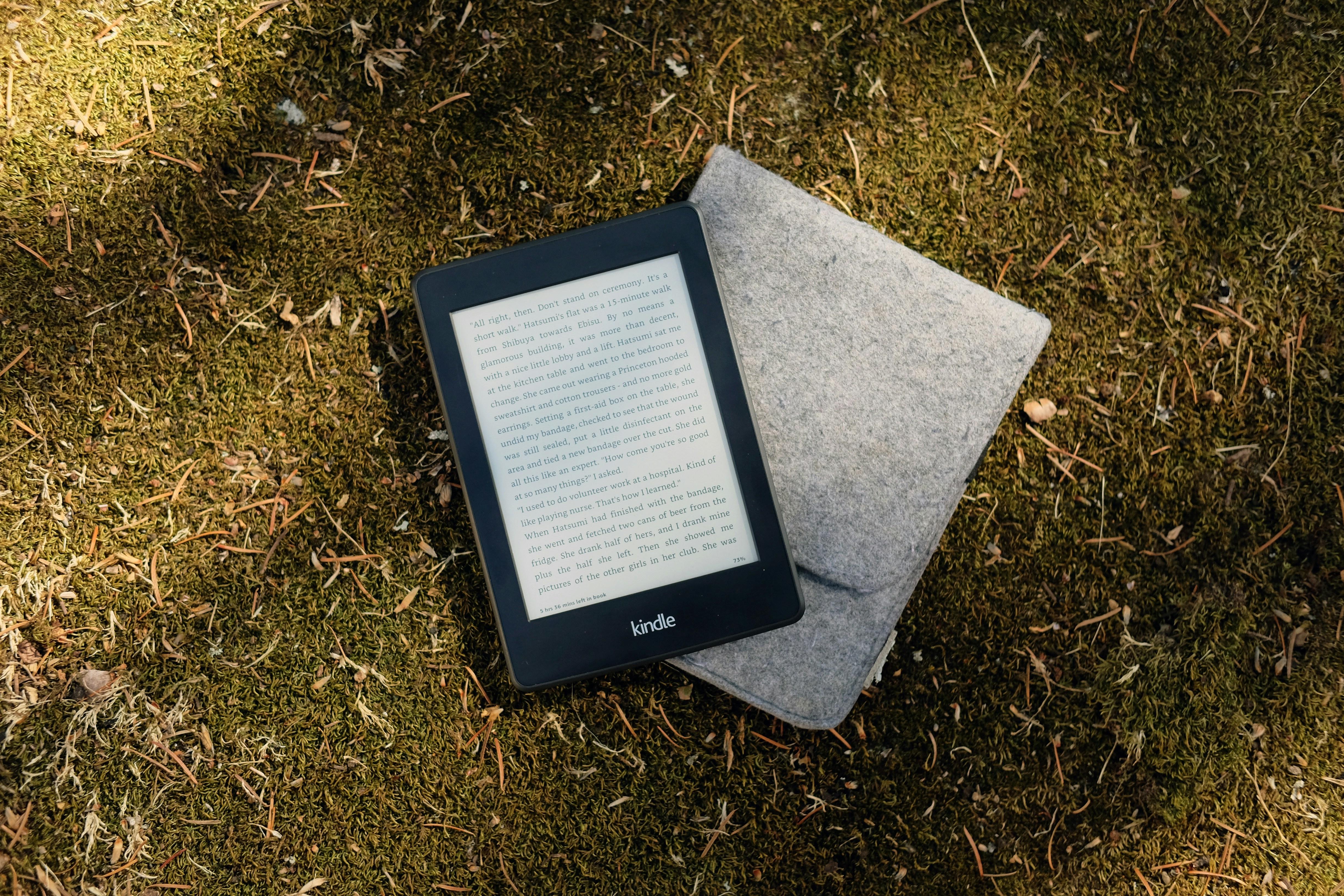 Kindle e-reader resting on grass in a felt sleeve outdoors