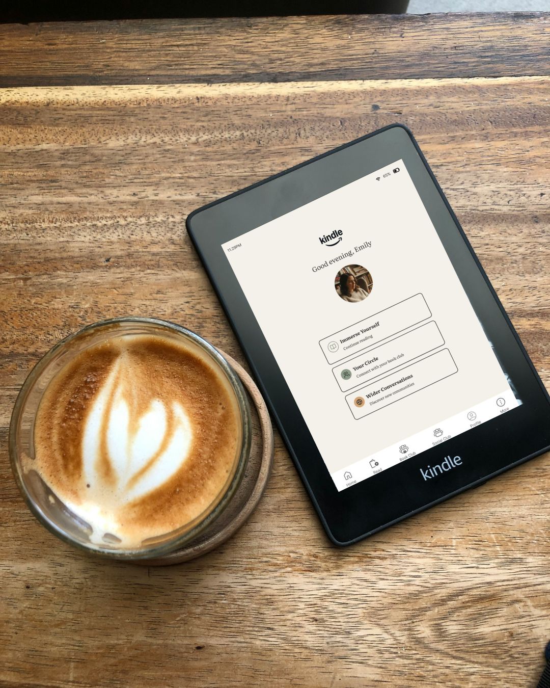 Kindle app screen prototype alongside a latte flatlay
