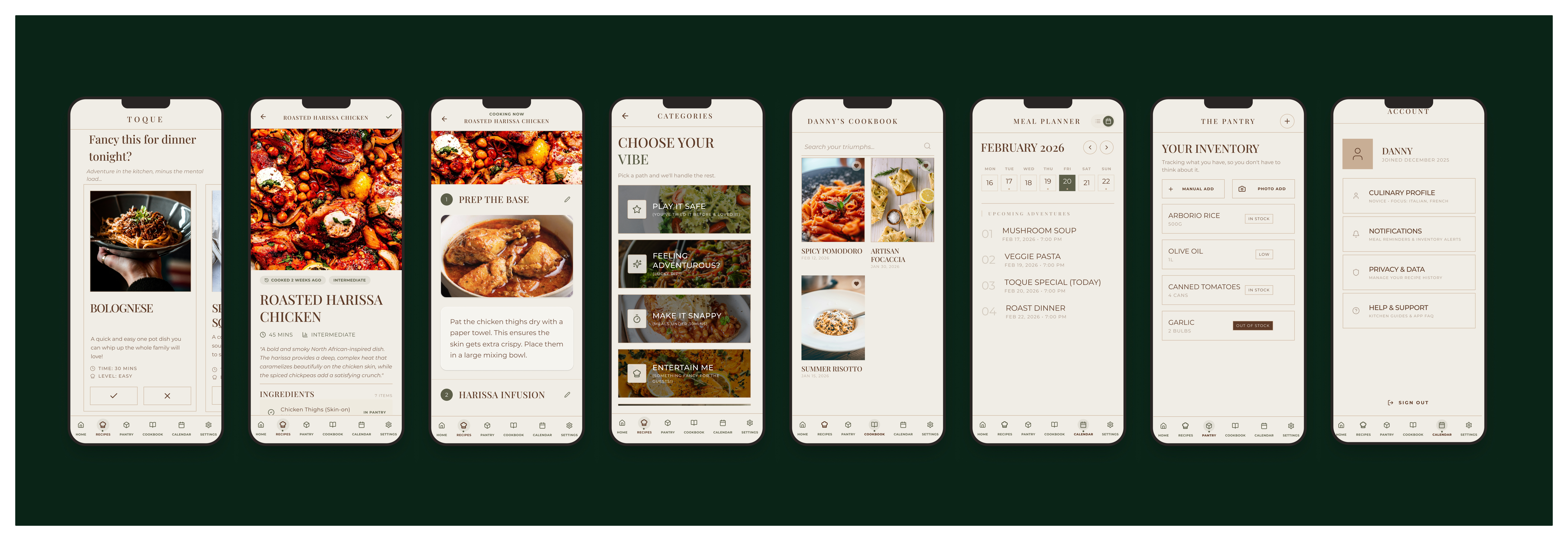 Toque app — seven screen lineup on green backdrop