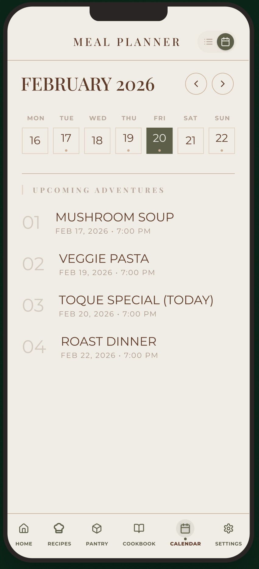 Toque app — cookbook screen