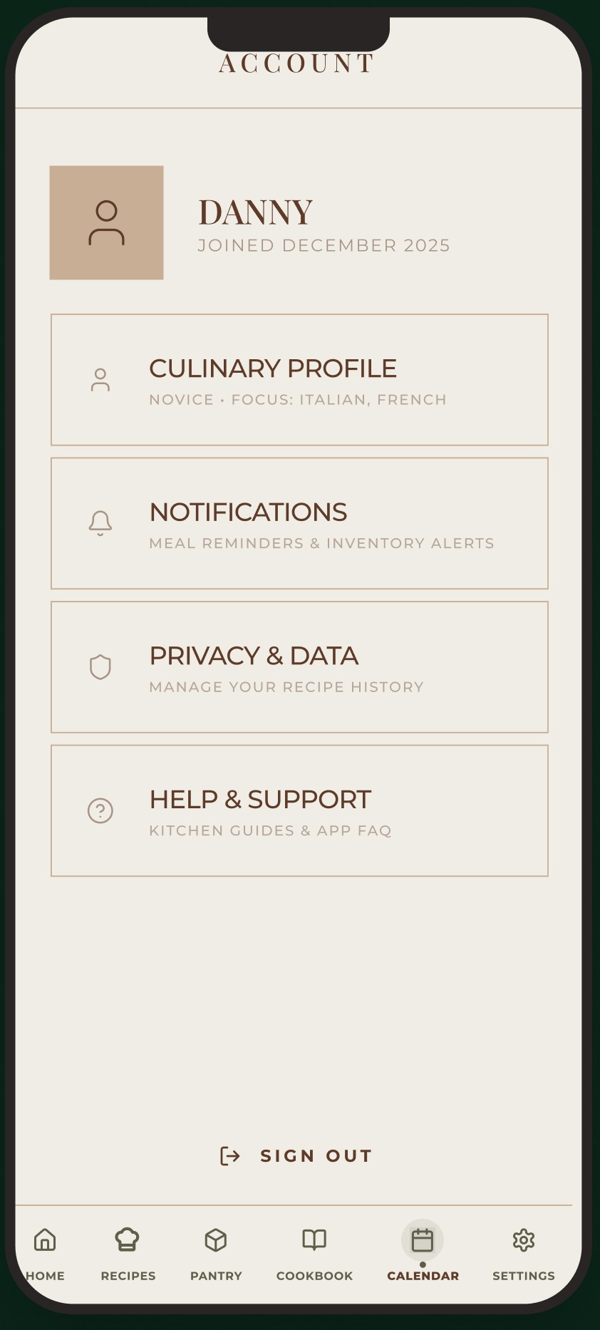 Toque app — account screen