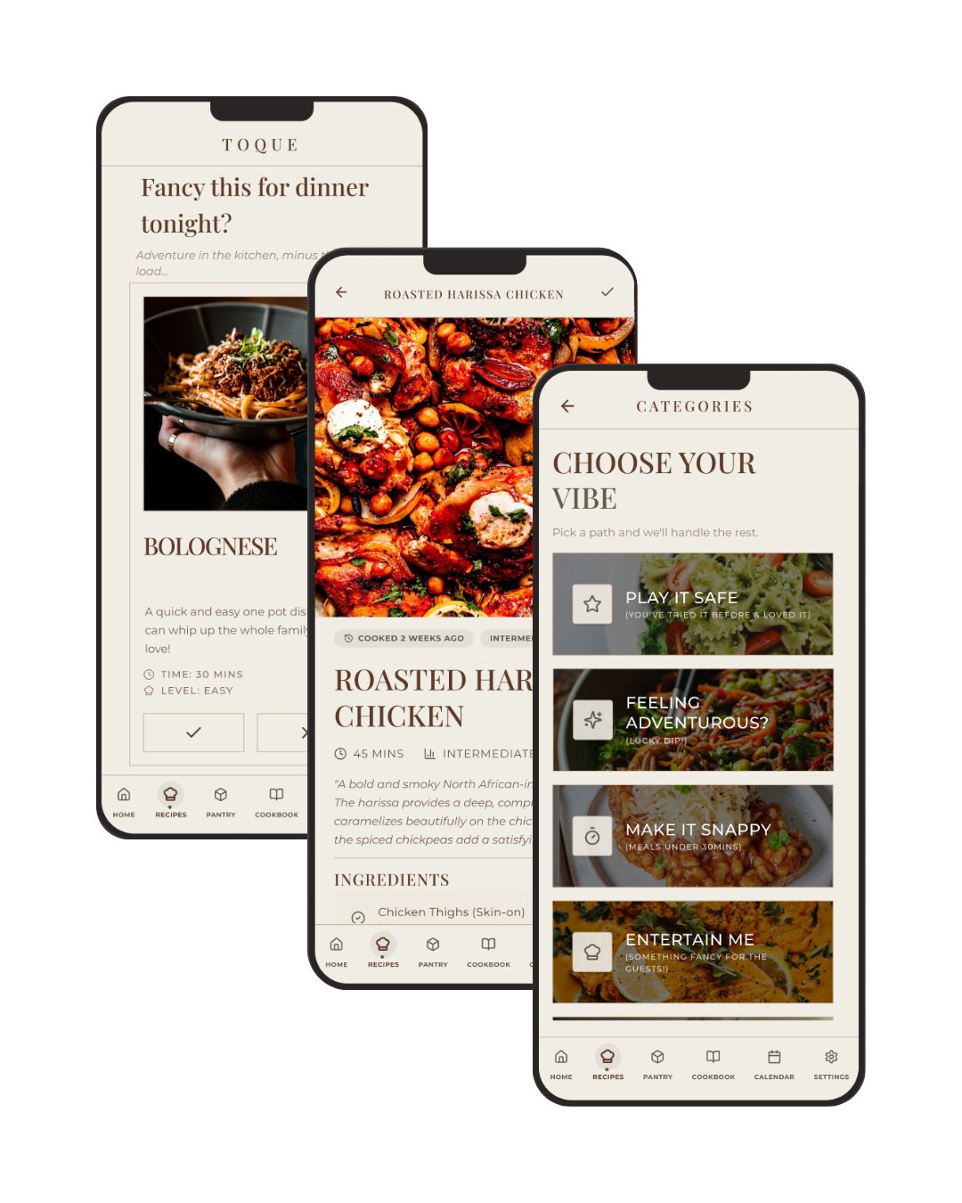 Toque app — three phone mockup showing recipe screens