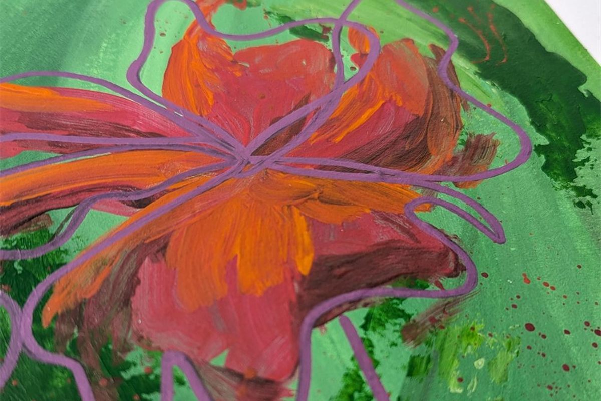 A close-up of On the Forest Floor, a bold semi-abstract painting of a fiery orange and pink flower on a bright green background with a purple line drawing on top