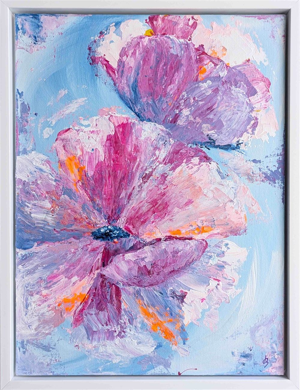 Flourish: a semi-abstract painting of a flower in full bloom, with bold brushstrokes in gentle colours on a soft light blue background