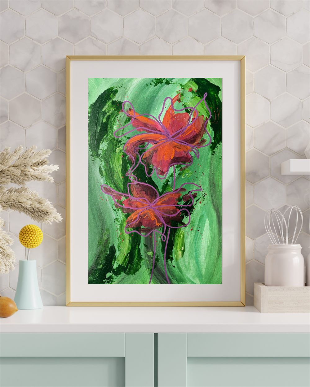 On the Forest Floor: a bold semi-abstract painting of a fiery orange and pink flower on a bright green background, finished with a continuous purple line drawing of a flower on top