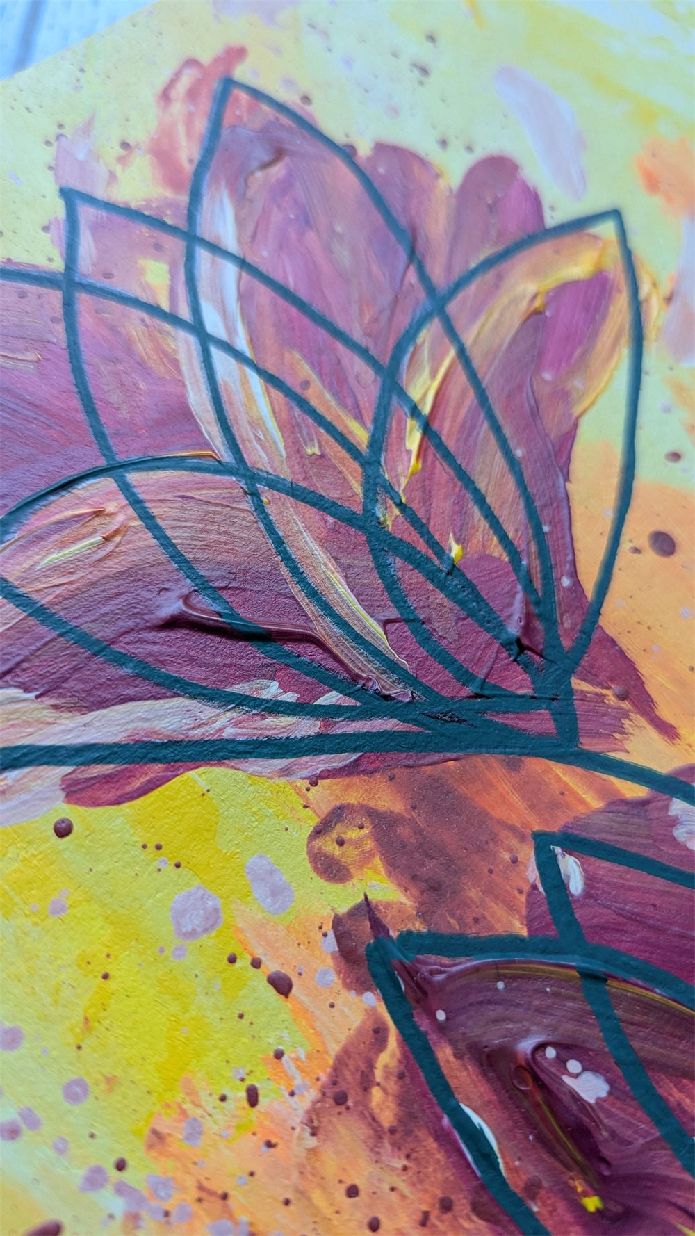 Standing Tall: a bold abstract painting of deep red and purple flowers on a vibrant yellow background, finished with a continuous line drawing on top